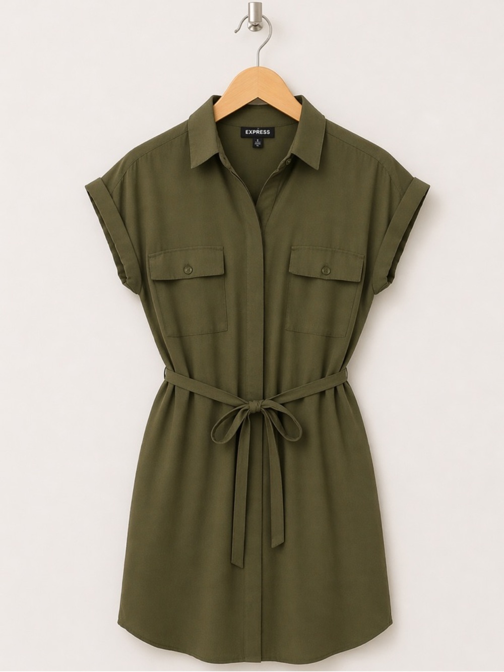Express Olive Green Utility Shirt Dress Belted Petite S Collared Mini